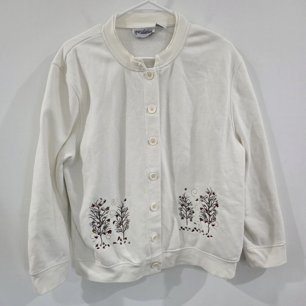 Vintage Womens Embroidered Cardigan Size XL Trees Floral Retro Indie Fall
